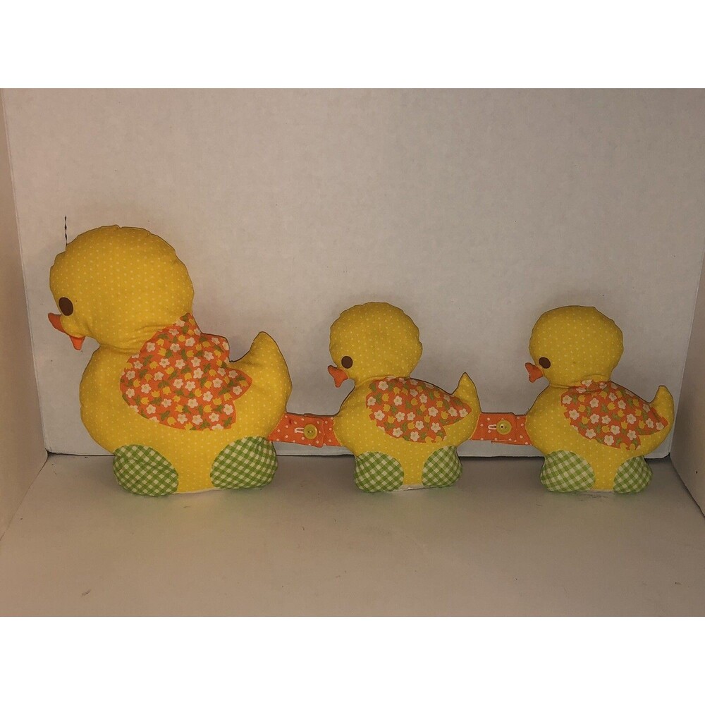 Vintage 60s 70s Duck Family Stuffed Plush Buttoned Mama & Two Ducklings Flowers